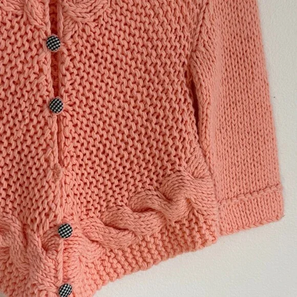 Free People Heavy Knit Cropped Cardigan Sweater Pink Apricot Gingham Button Up M - Picture 4 of 8